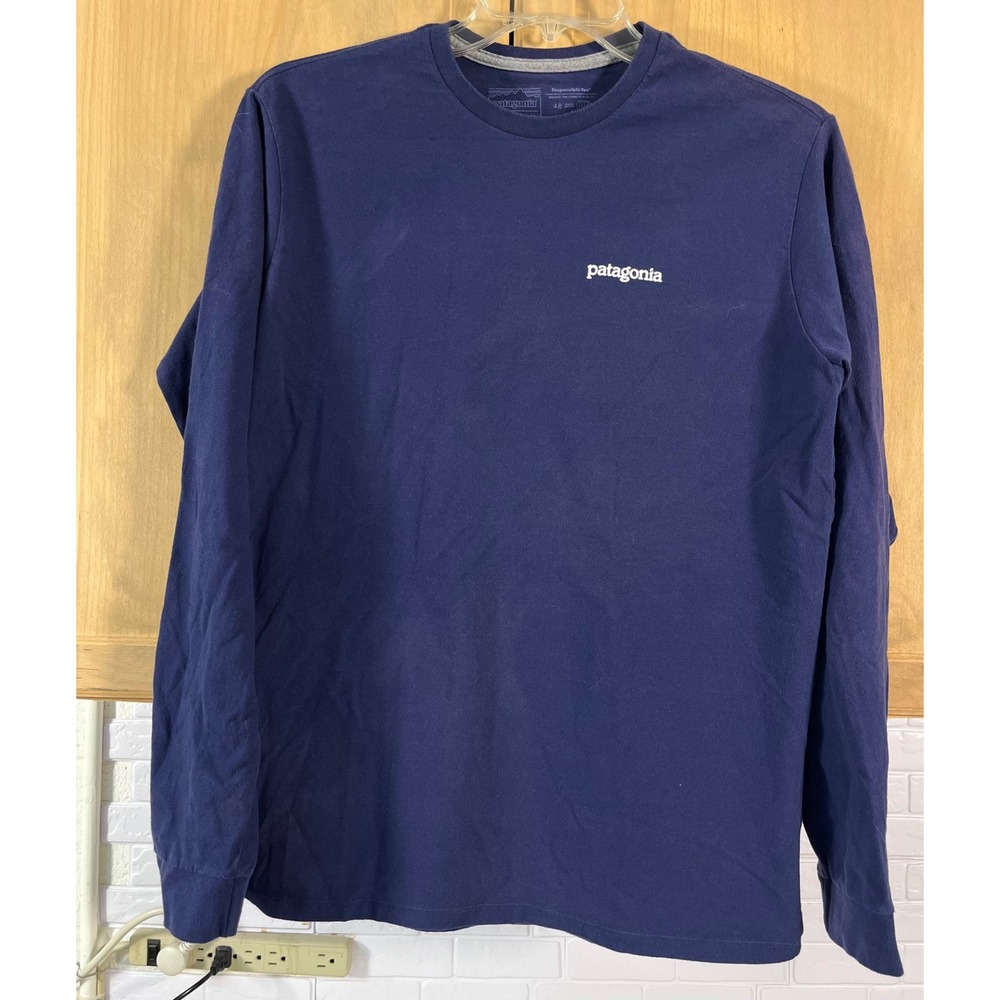 Patagonia Long Sleeve T-Shirt Mens Medium Blue Responsibili-Tee Graphic Logo